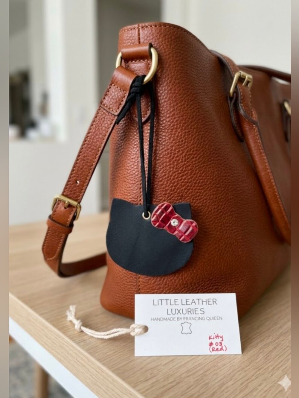 Handmade Genuine Leather Minimalist Kitty Bag Charm Black Red Bow #03